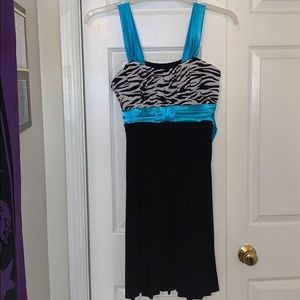 blue, black, and zebra dress
